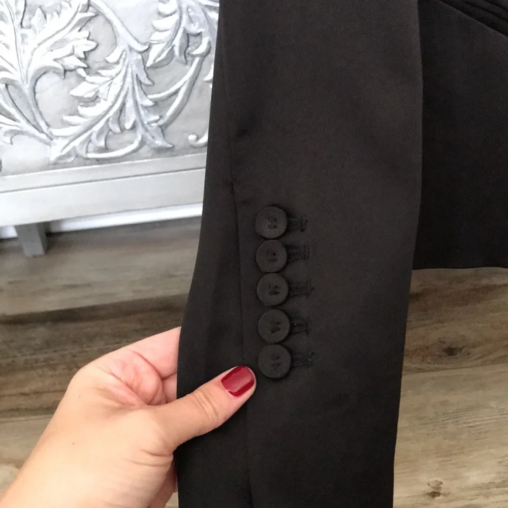 BCBG Satin Blazer Feminine Tuxedo with a Twist Black
